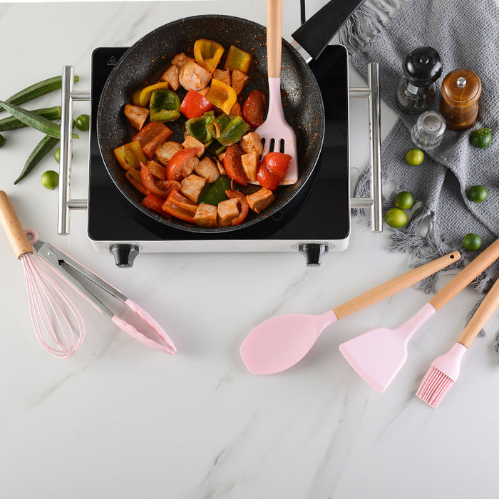 11-piece Silicone Kitchen Utensil w/ Wooden Handle Set