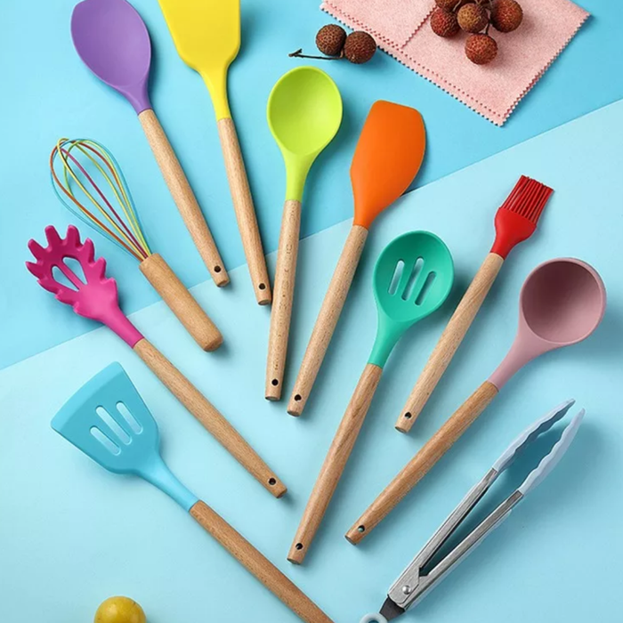 11-piece Silicone Kitchen Utensil w/ Wooden Handle Set