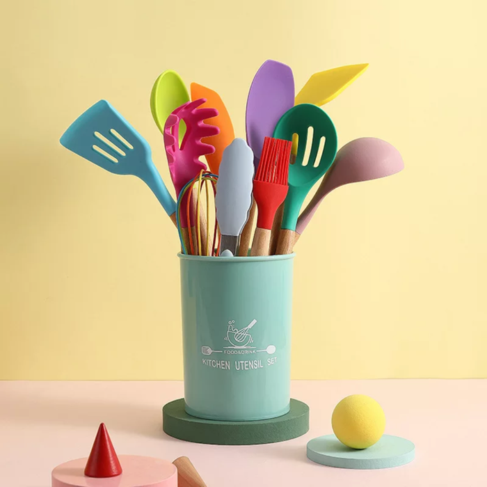 11-piece Silicone Kitchen Utensil w/ Wooden Handle Set