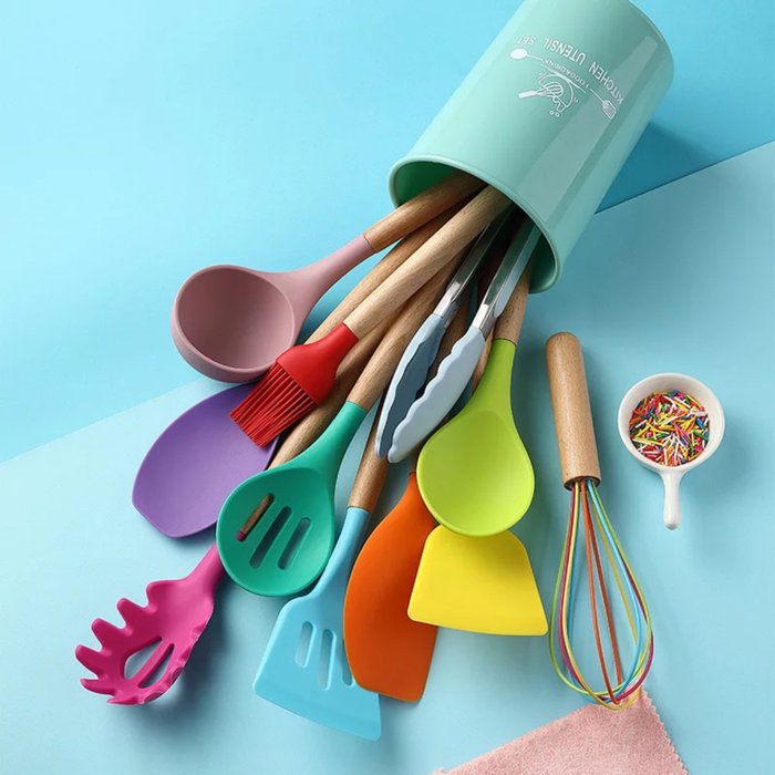 11-piece Silicone Kitchen Utensil w/ Wooden Handle Set