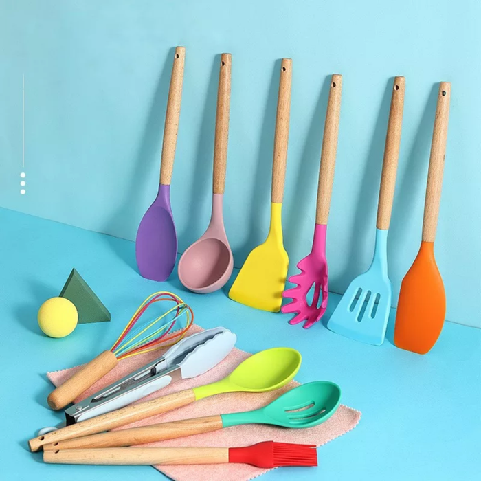 11-piece Silicone Kitchen Utensil w/ Wooden Handle Set
