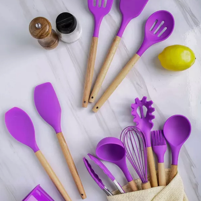 11-piece Silicone Kitchen Utensil w/ Wooden Handle Set