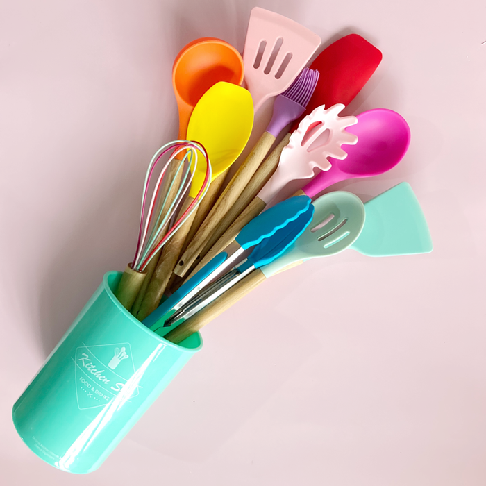 11-piece Silicone Kitchen Utensil w/ Wooden Handle Set