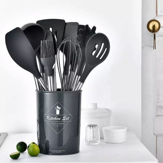 11-piece Silicone Kitchen Utensil w/ Wooden Handle Set