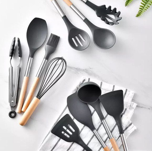 11-piece Silicone Kitchen Utensil w/ Wooden Handle Set