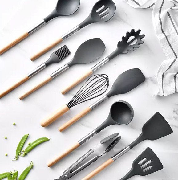 11-piece Silicone Kitchen Utensil w/ Wooden Handle Set