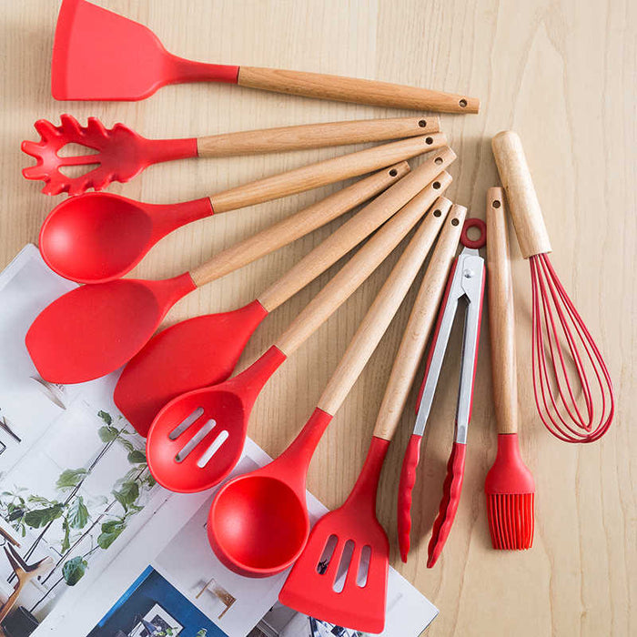11-piece Silicone Kitchen Utensil w/ Wooden Handle Set